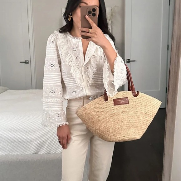 SEZANE White Floral Eyelet Embroidered Pleated Lace Ruffle Bell Sleeve Nele Top - Picture 8 of 17